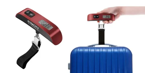 Standalone image of Etekcity Luggage Scale (left) and close up of hand using Etekcity Luggage Scale to weigh a blue suitcase (right)